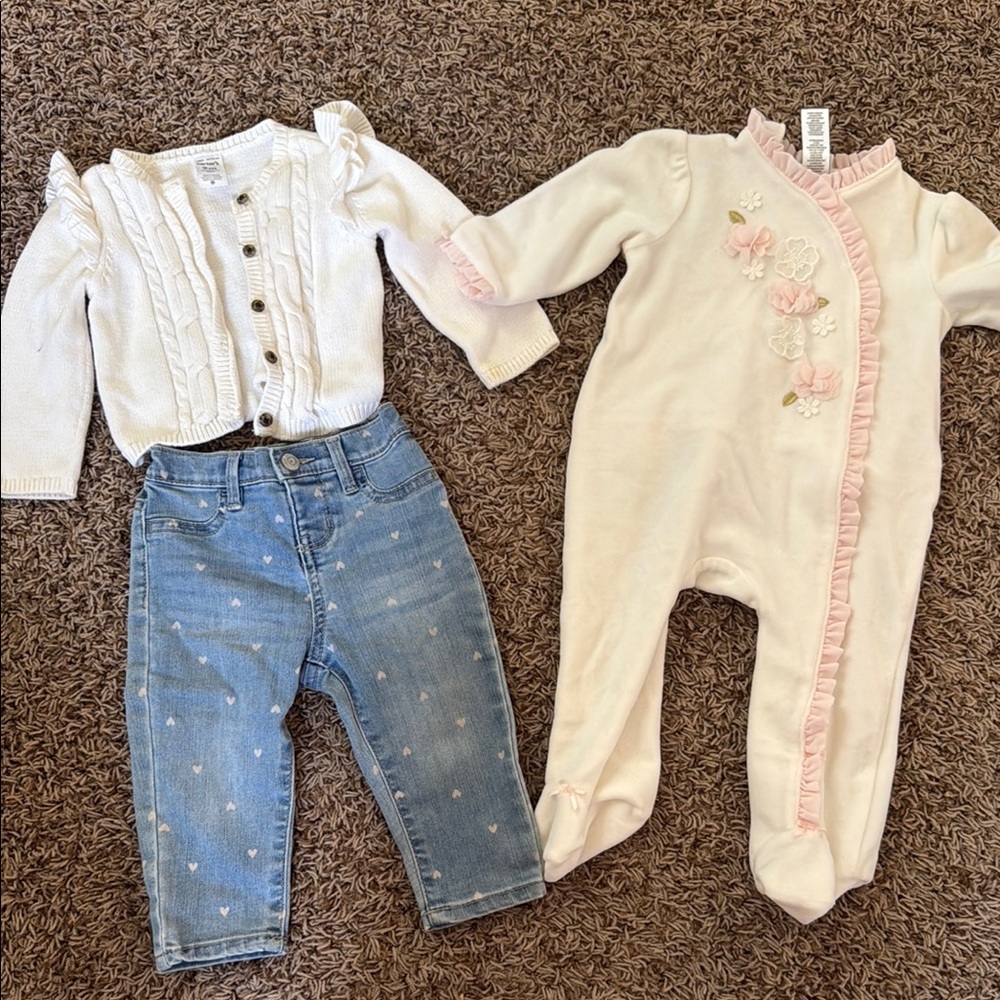 3 piece SET- Baby Girl Cardigan, Jeans, and Onesie Set 9months